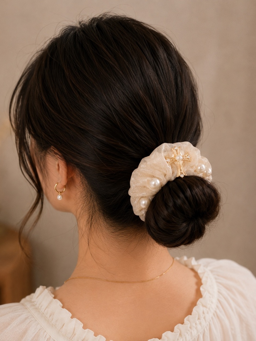 Ethereal Romantic Champagne Pearl Cross Scrunchie
